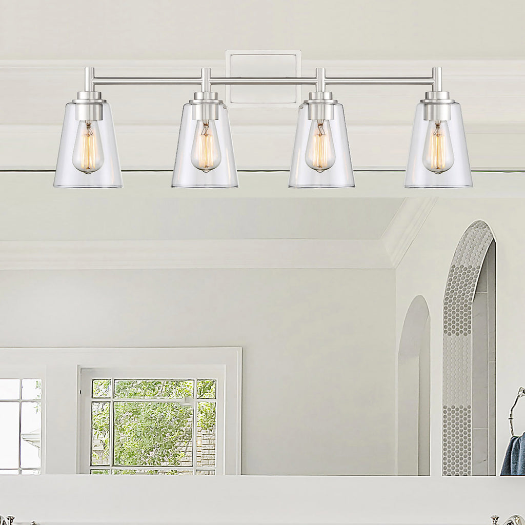 Westin 31 in. 4-Light Satin Platinum Industrial Vanity Light with Clear Glass Shades for Bathrooms