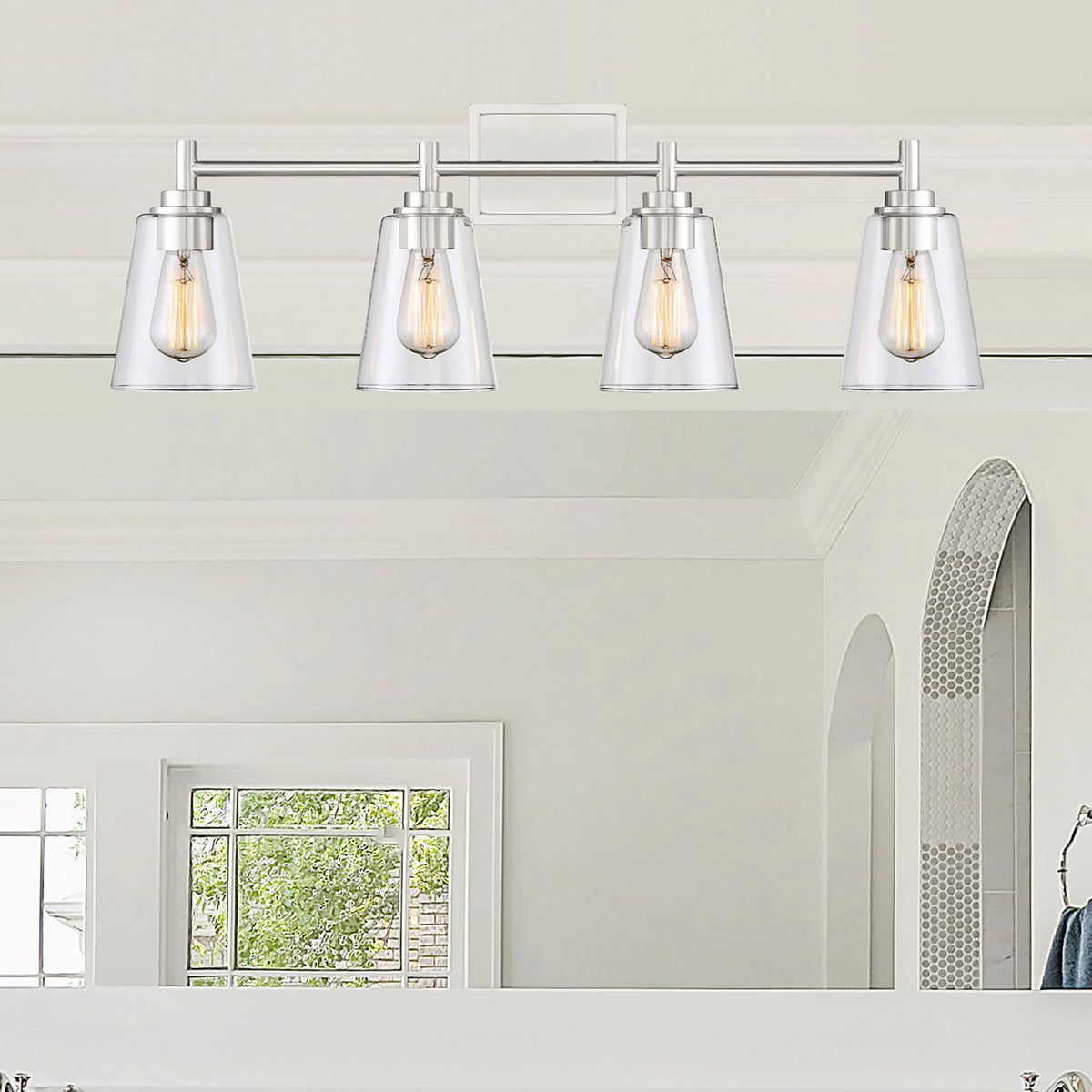 Westin 31 in. 4-Light Satin Platinum Industrial Vanity Light with Clear Glass Shades for Bathrooms