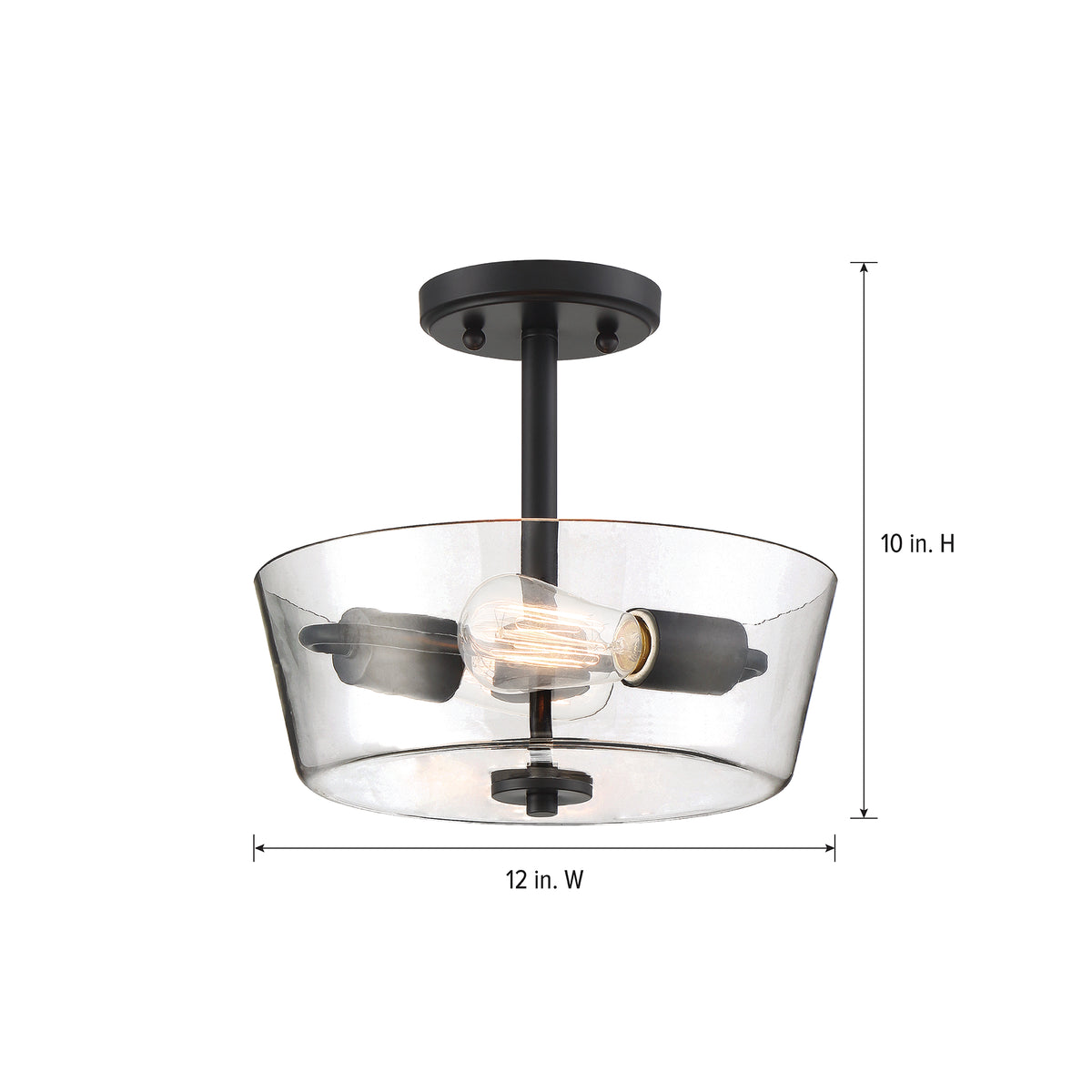 Westin 12 in. 2-Light Matte Black Industrial Entryway Semi-Flush Mount with Clear Glass Shade