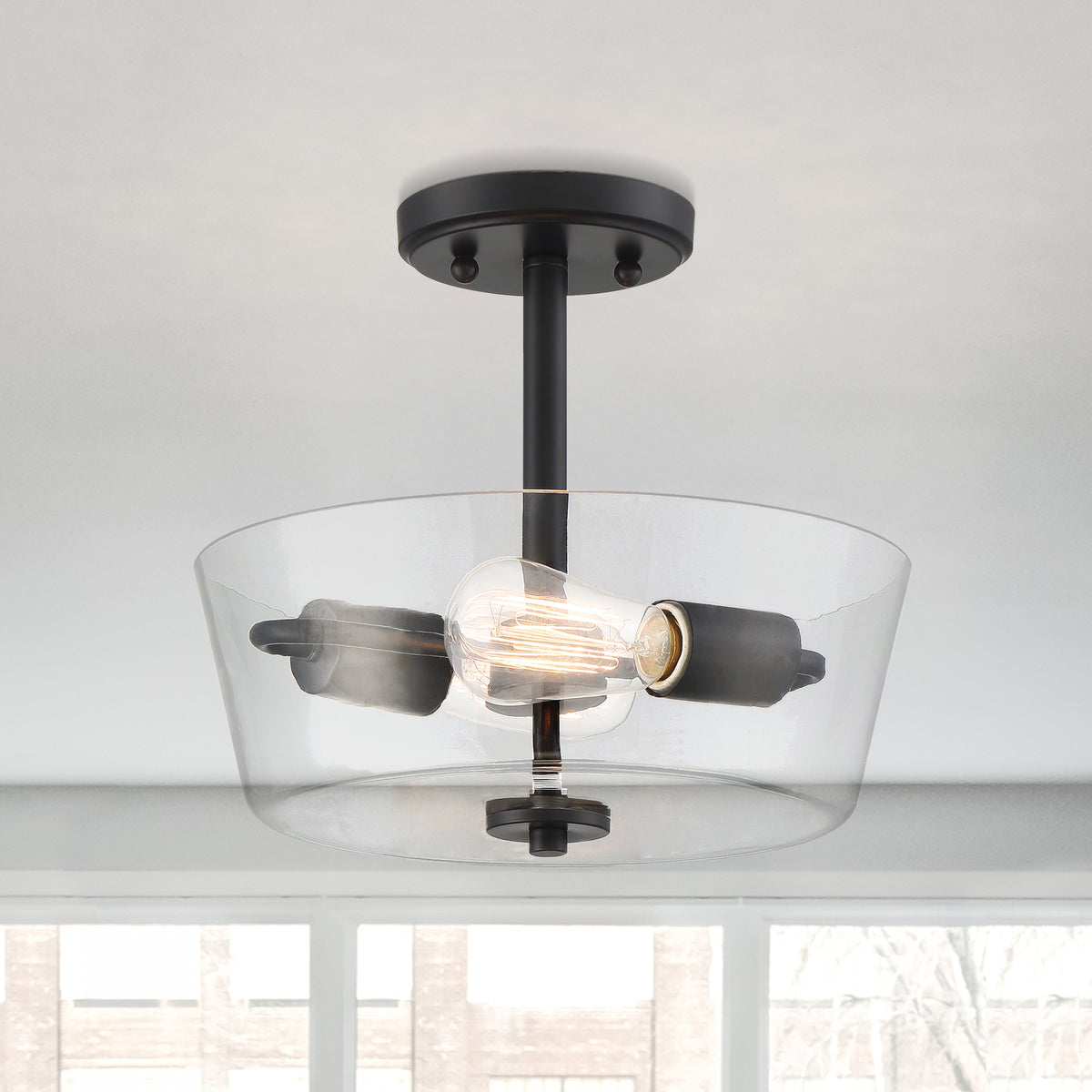 Westin 12 in. 2-Light Matte Black Industrial Entryway Semi-Flush Mount with Clear Glass Shade