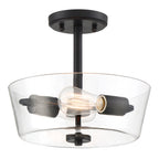 Westin 12 in. 2-Light Matte Black Industrial Entryway Semi-Flush Mount with Clear Glass Shade