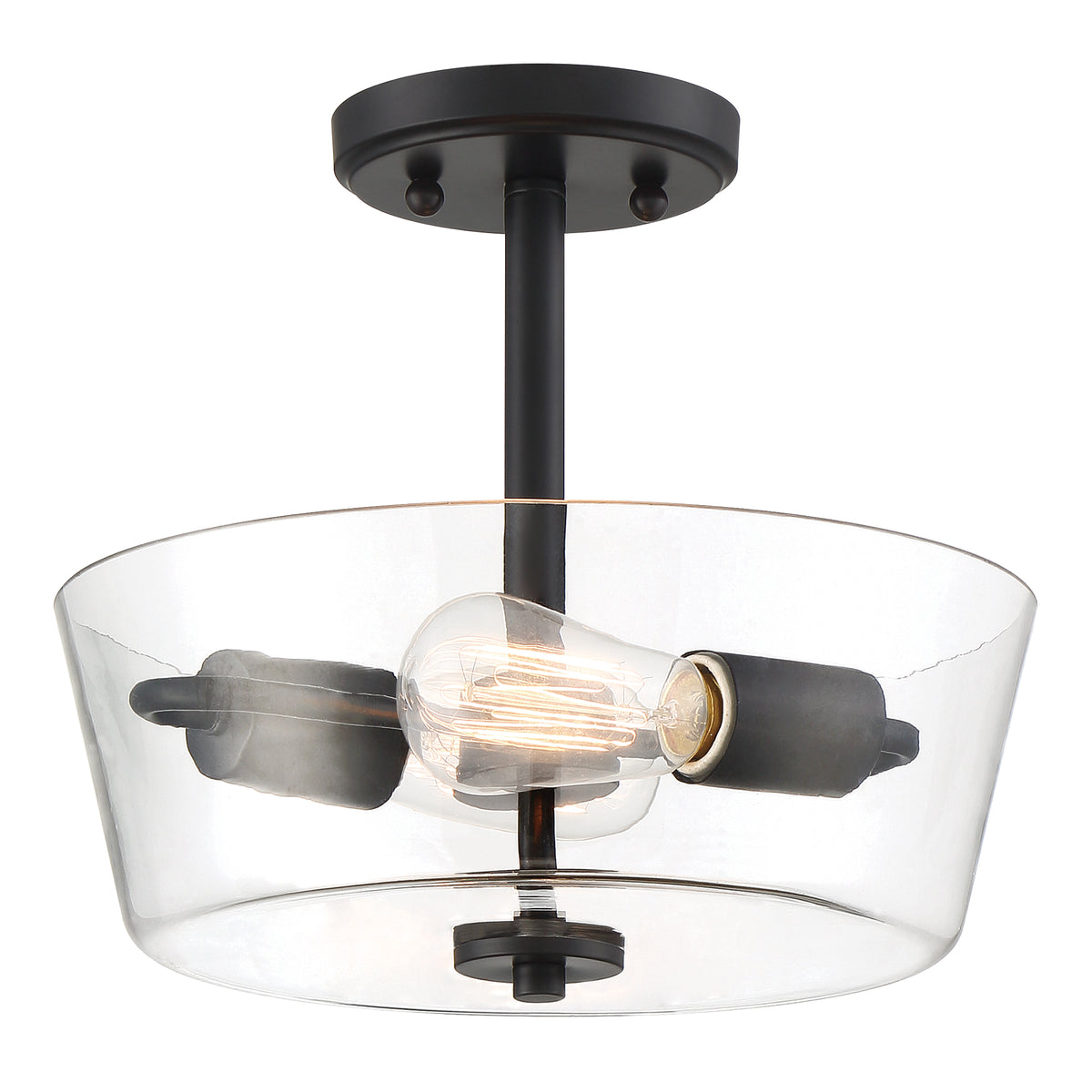 Westin 12 in. 2-Light Matte Black Industrial Entryway Semi-Flush Mount with Clear Glass Shade
