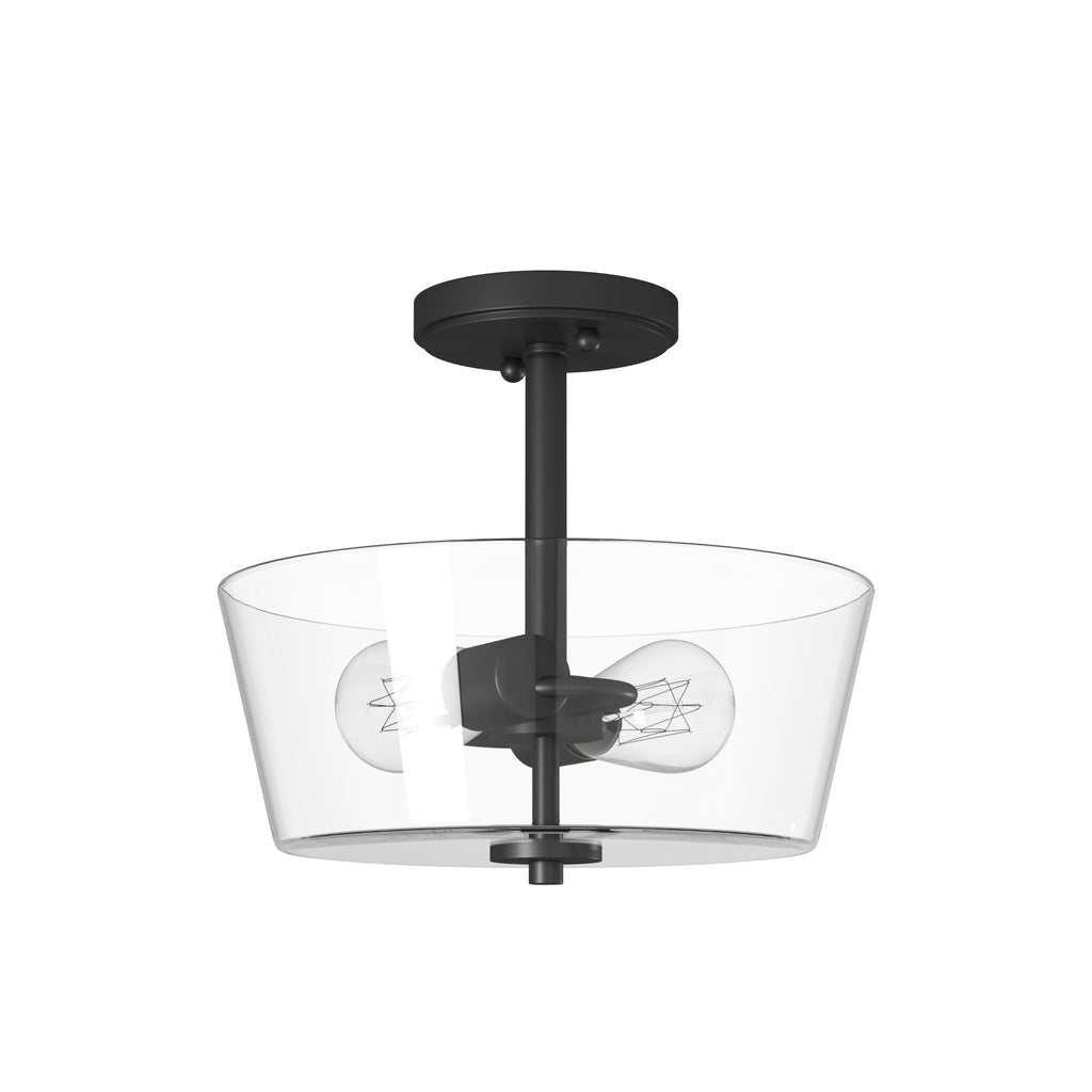 Westin 12 in. 2-Light Matte Black Industrial Entryway Semi-Flush Mount with Clear Glass Shade
