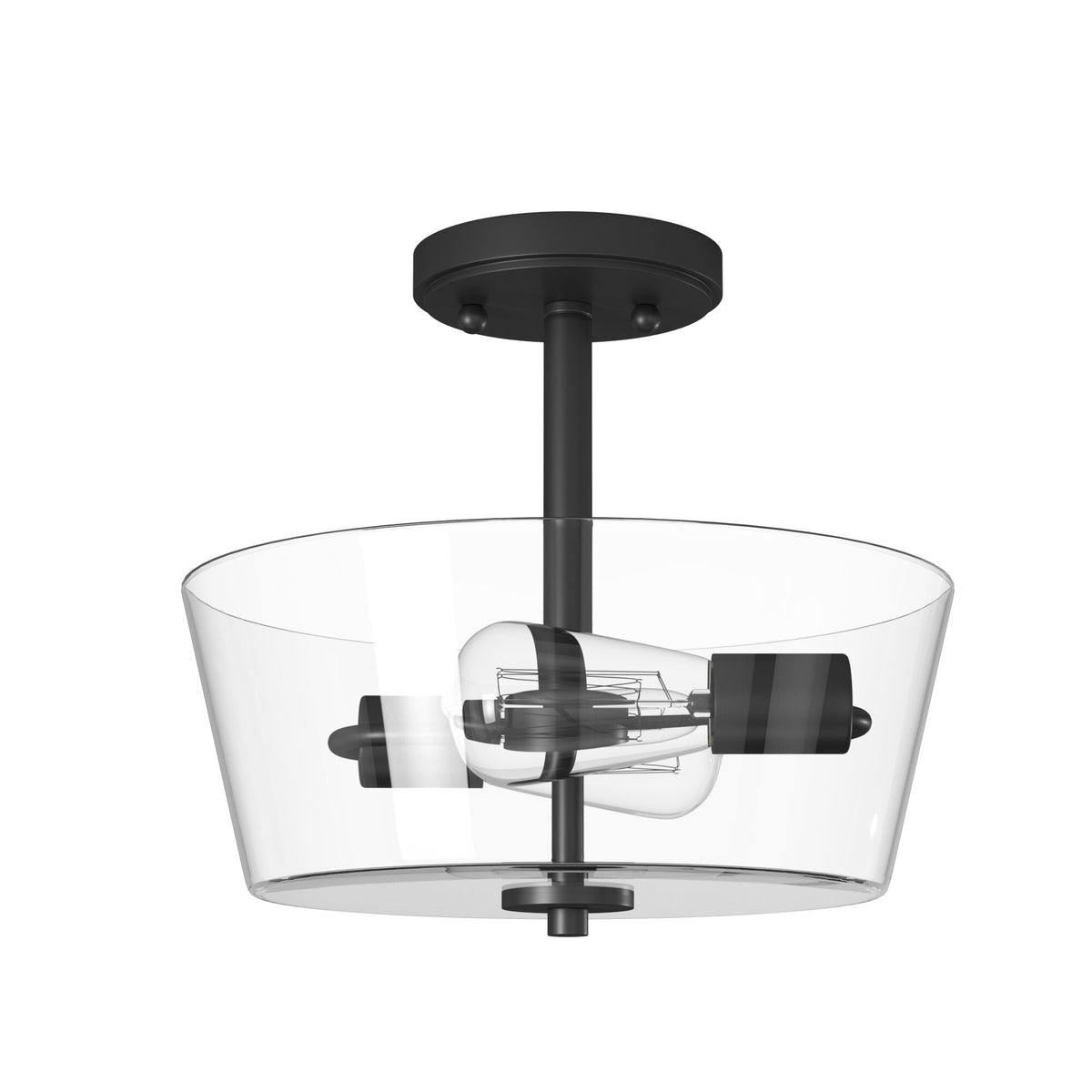 Westin 12 in. 2-Light Matte Black Industrial Entryway Semi-Flush Mount with Clear Glass Shade