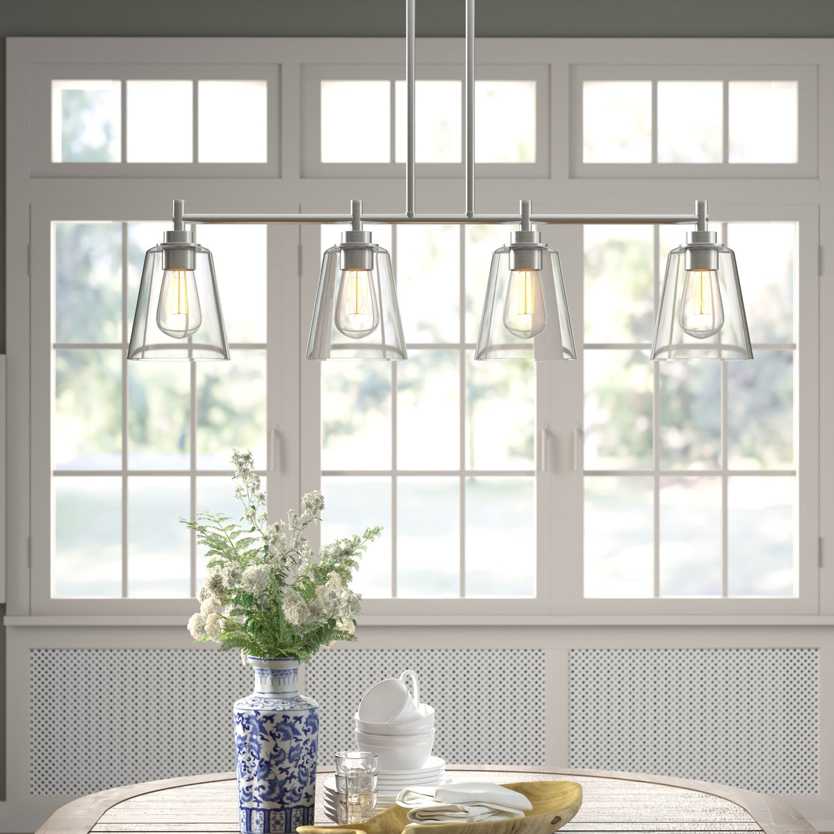 Westin 4-Light Satin Platinum Industrial Linear Chandelier for Kitchen Islands with No Bulbs Included