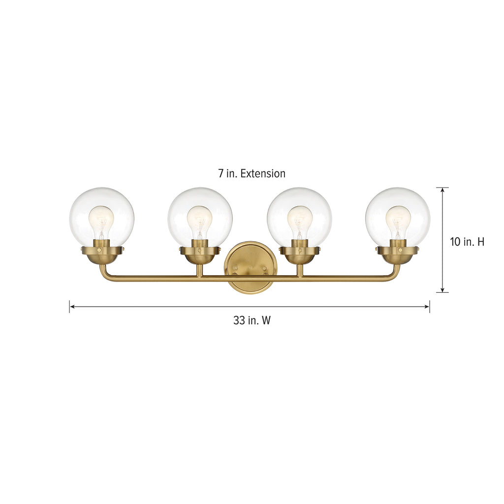 Knoll 33 in. 4-Light Brushed Gold Retro Vanity Light with Clear Glass Shades for Bathrooms