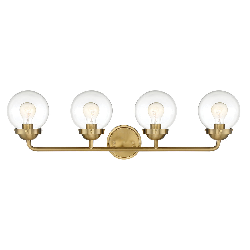 Knoll 33 in. 4-Light Brushed Gold Retro Vanity Light with Clear Glass Shades for Bathrooms