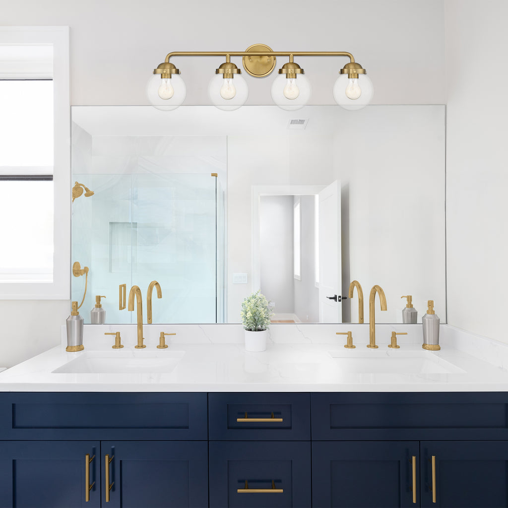 Knoll 33 in. 4-Light Brushed Gold Retro Vanity Light with Clear Glass Shades for Bathrooms