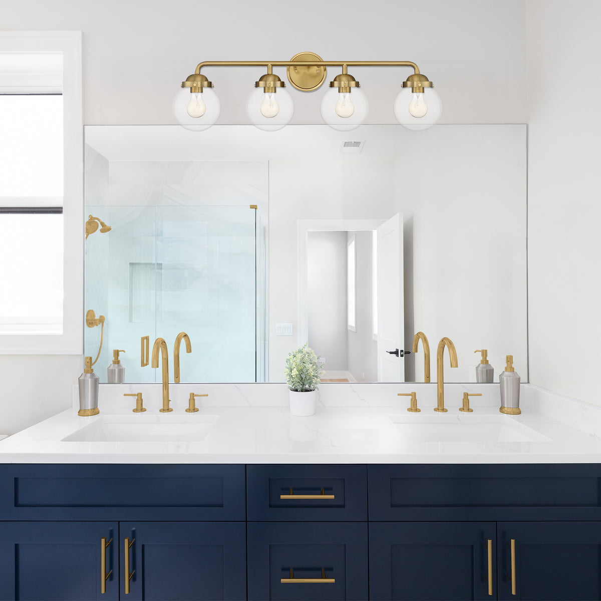 Knoll 33 in. 4-Light Brushed Gold Retro Vanity Light with Clear Glass Shades for Bathrooms
