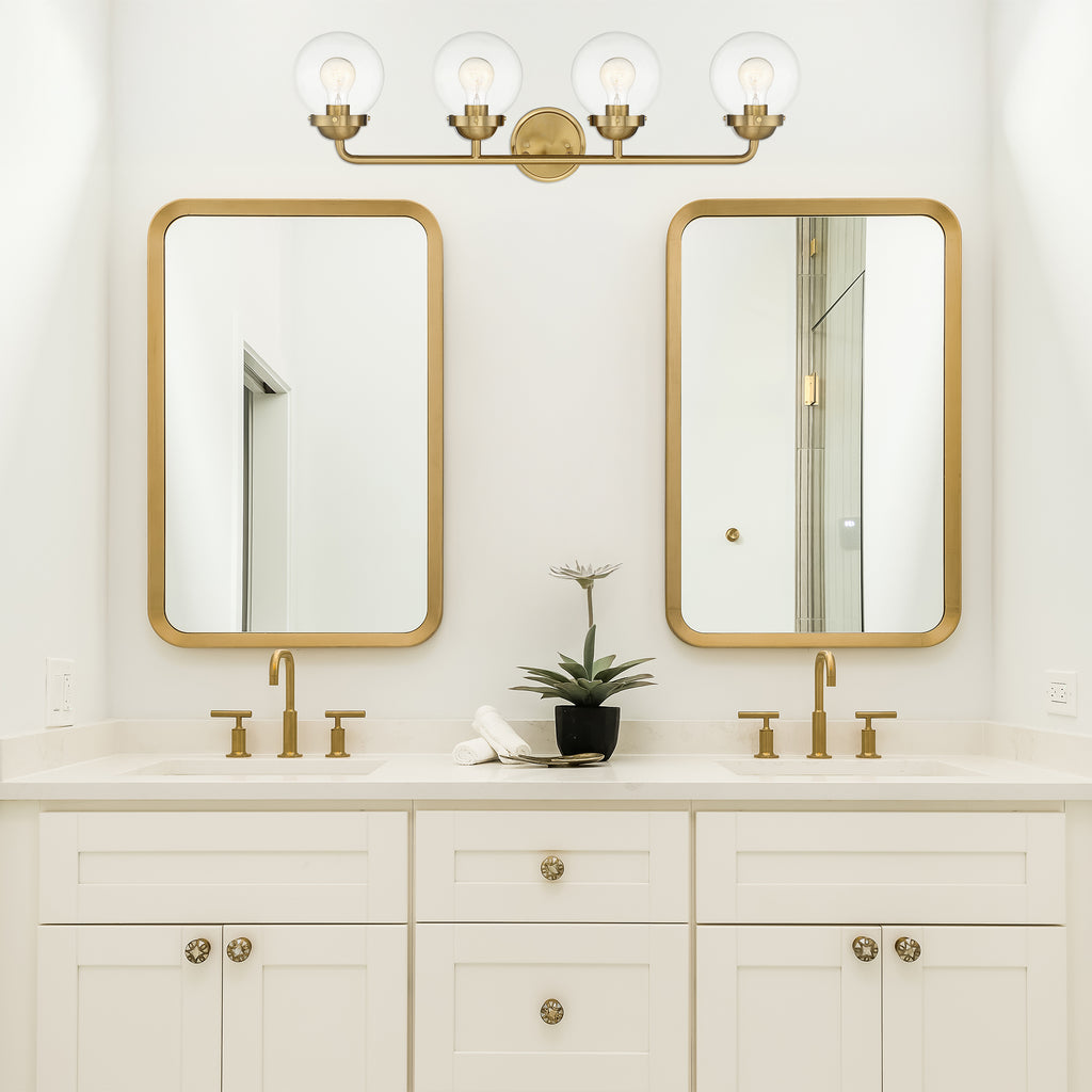 Knoll 33 in. 4-Light Brushed Gold Retro Vanity Light with Clear Glass Shades for Bathrooms