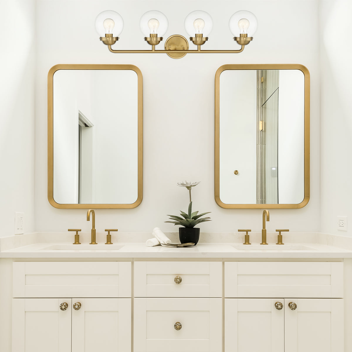 Knoll 33 in. 4-Light Brushed Gold Retro Vanity Light with Clear Glass Shades for Bathrooms