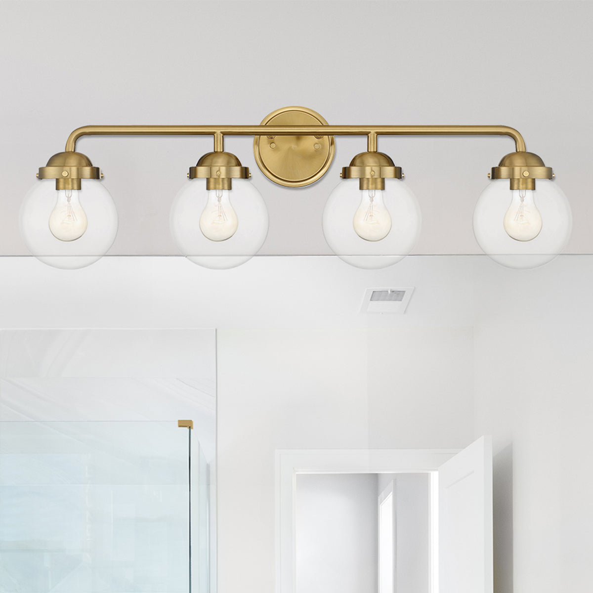 Knoll 33 in. 4-Light Brushed Gold Retro Vanity Light with Clear Glass Shades for Bathrooms