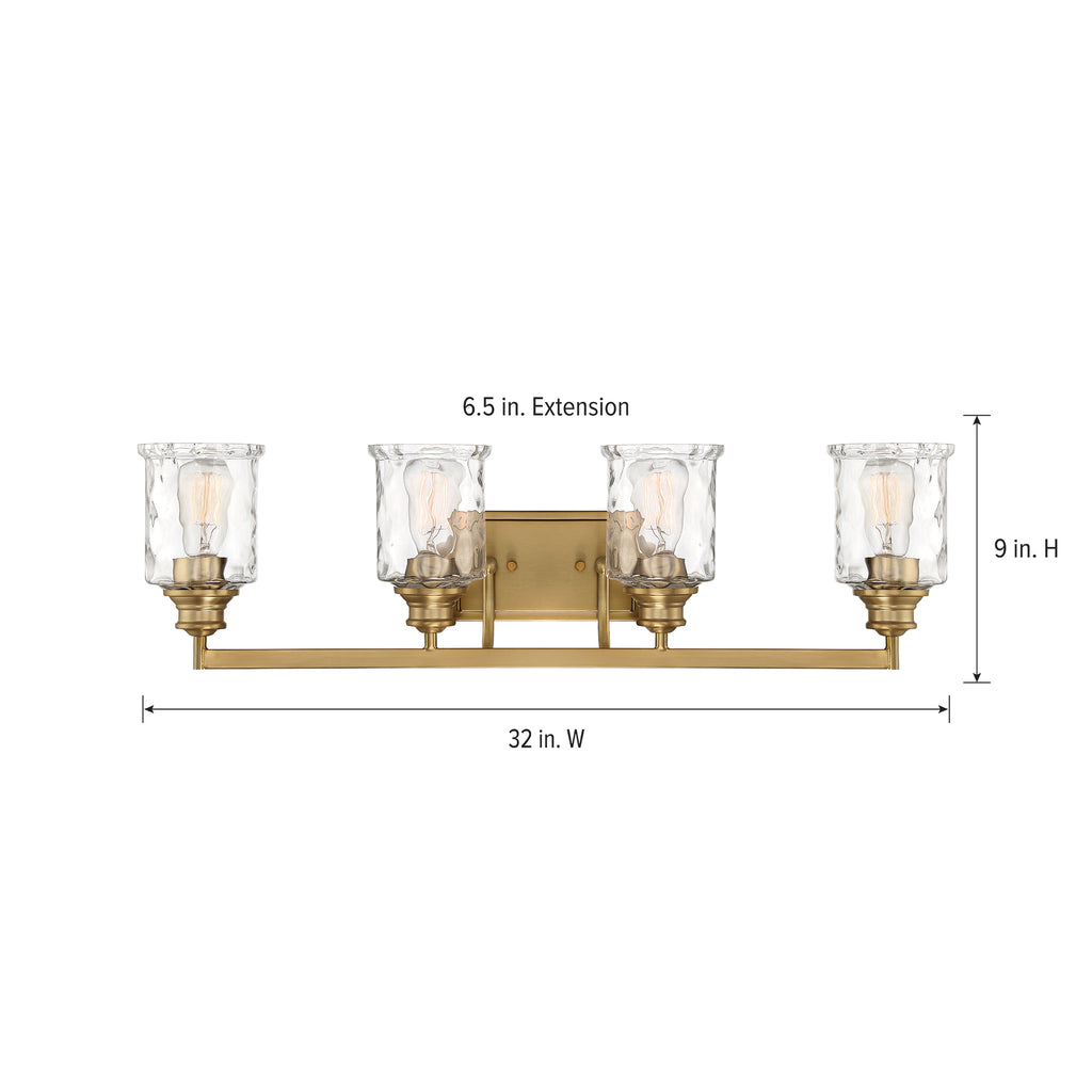 Drake 32 in. 4-Light Brushed Gold Classic Vanity Light with Clear Hammered Glass Shades