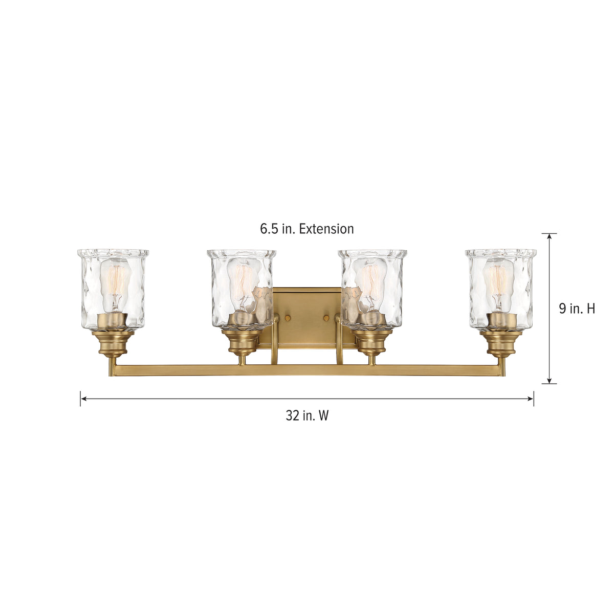 Drake 32 in. 4-Light Brushed Gold Classic Vanity Light with Clear Hammered Glass Shades