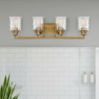 Drake 32 in. 4-Light Brushed Gold Classic Vanity Light with Clear Hammered Glass Shades
