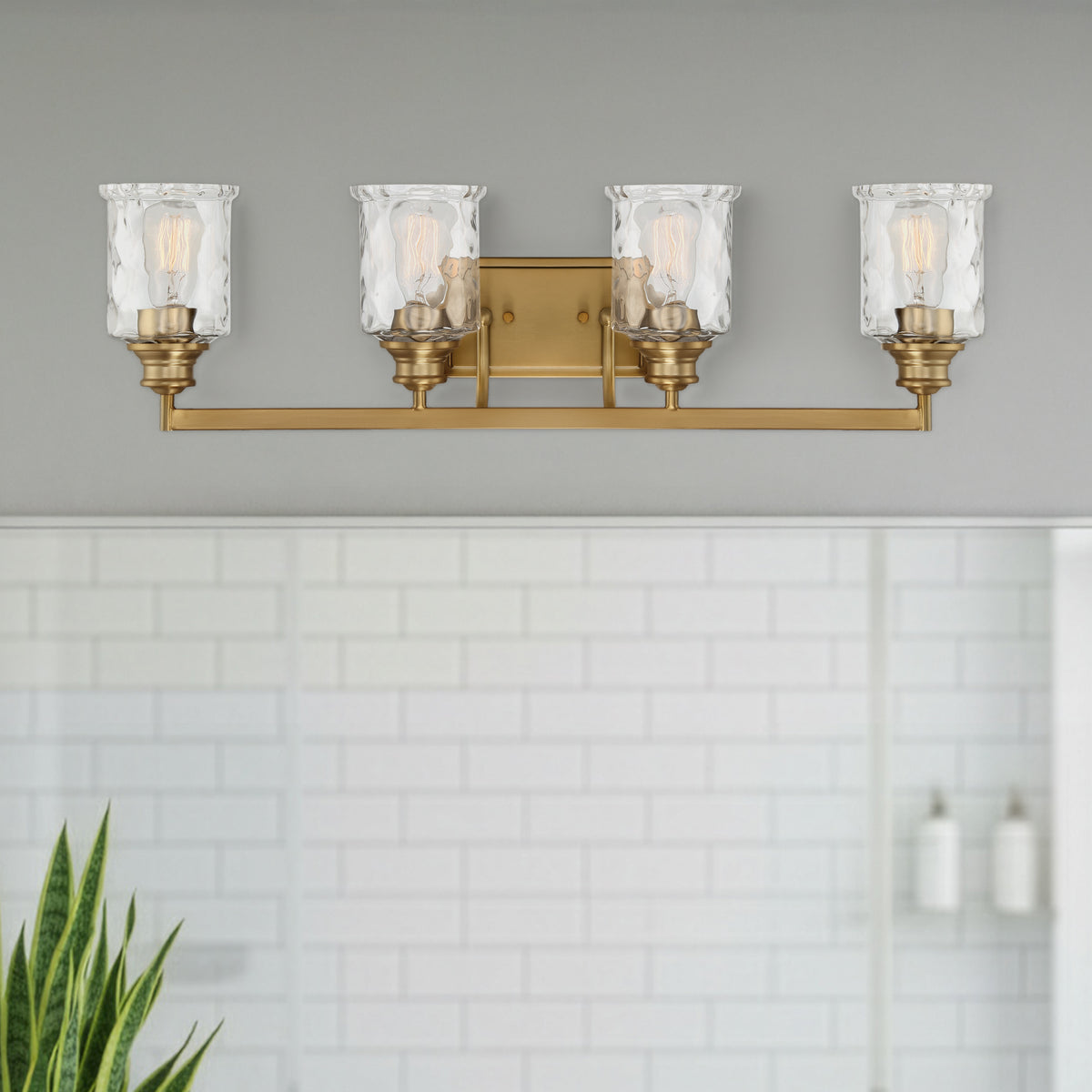 Drake 32 in. 4-Light Brushed Gold Classic Vanity Light with Clear Hammered Glass Shades