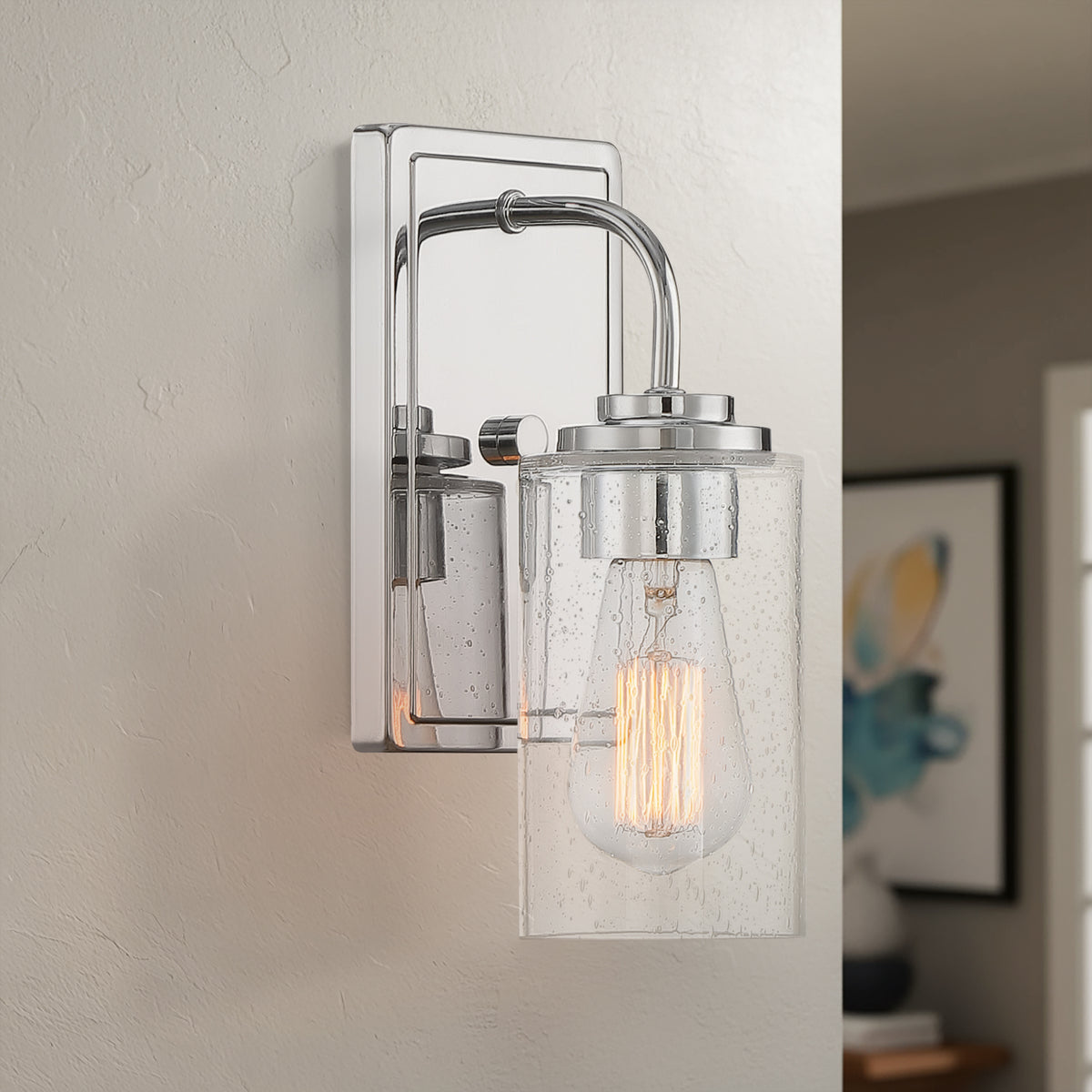 Logan 4.5 in. 1-Light Chrome Classic Wall Sconce with Clear Seedy Glass Shade for Living Rooms