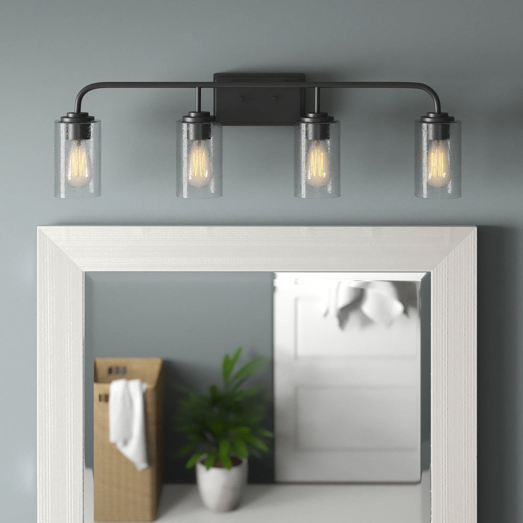 Logan 32 in. 4-Light Matte Black Classic Wall Sconce with Clear Seedy Glass Shades for Living Rooms