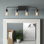 Logan 32 in. 4-Light Matte Black Classic Wall Sconce with Clear Seedy Glass Shades for Living Rooms