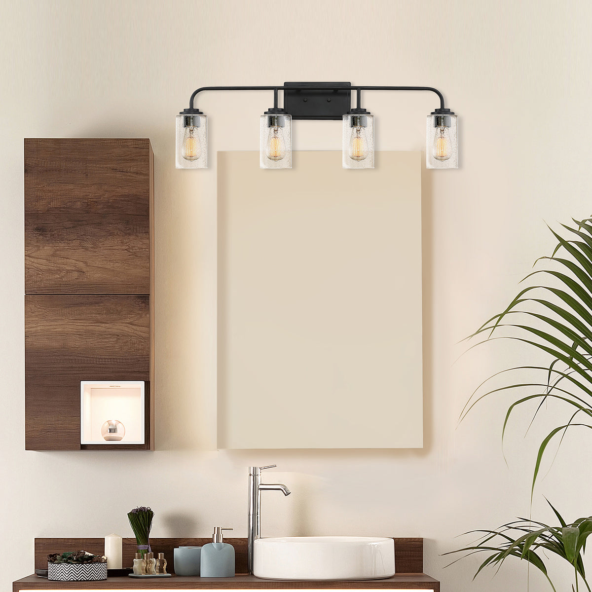 Logan 32 in. 4-Light Matte Black Classic Wall Sconce with Clear Seedy Glass Shades for Living Rooms