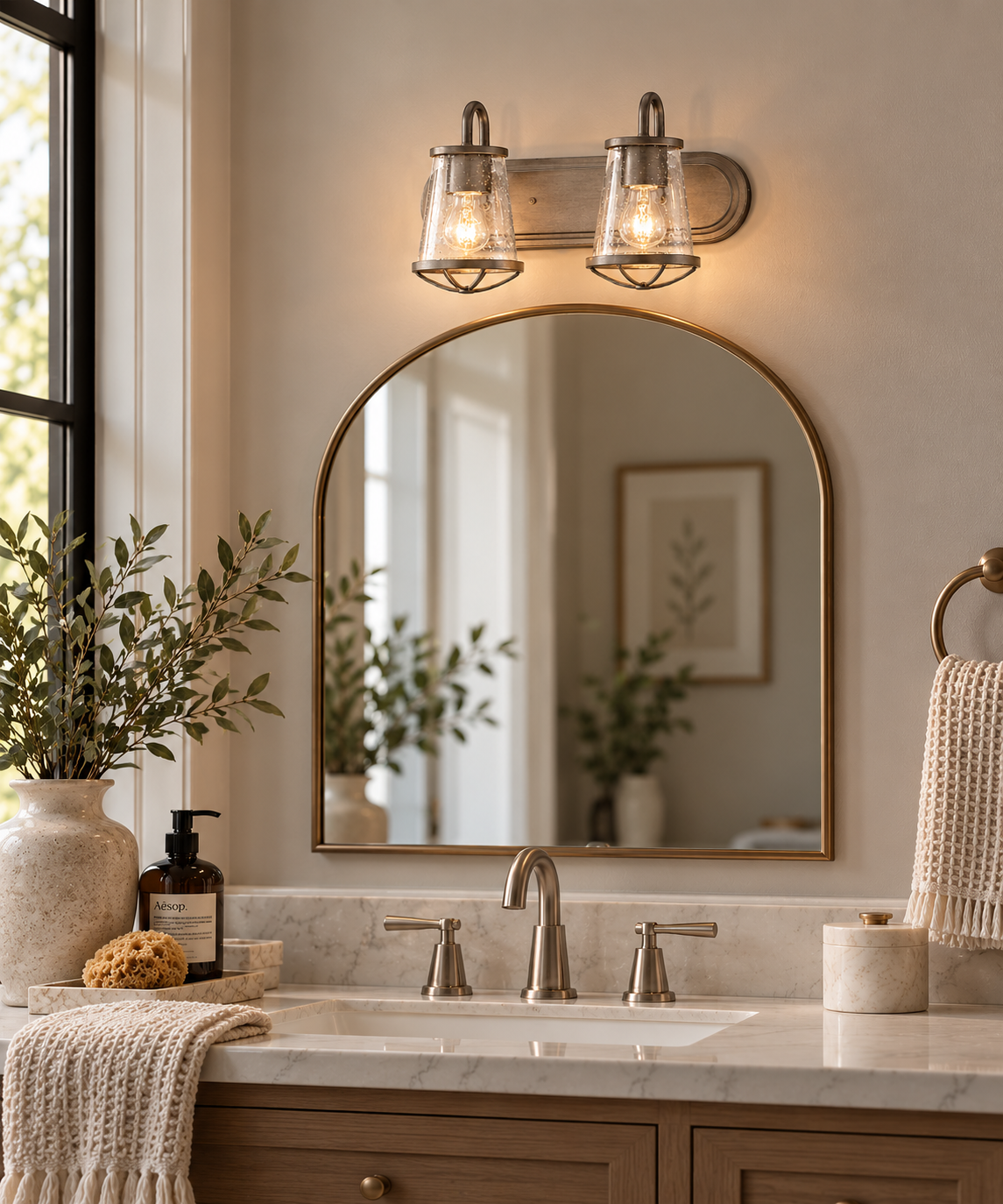 Darby 18 in. 2-Light Weathered Iron Industrial Vanity Light with Clear Seeded Glass Shades