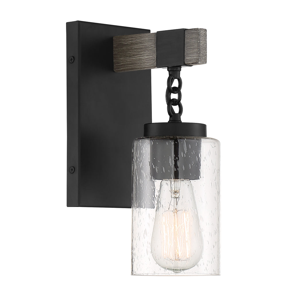 Fulton 4 in. 1-Light Matte Black Industrial Wall Sconce with Clear Seedy Glass Shade for Living Rooms