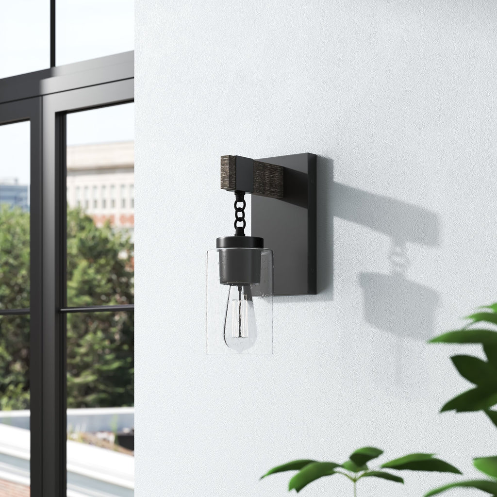Fulton 4 in. 1-Light Matte Black Industrial Wall Sconce with Clear Seedy Glass Shade for Living Rooms