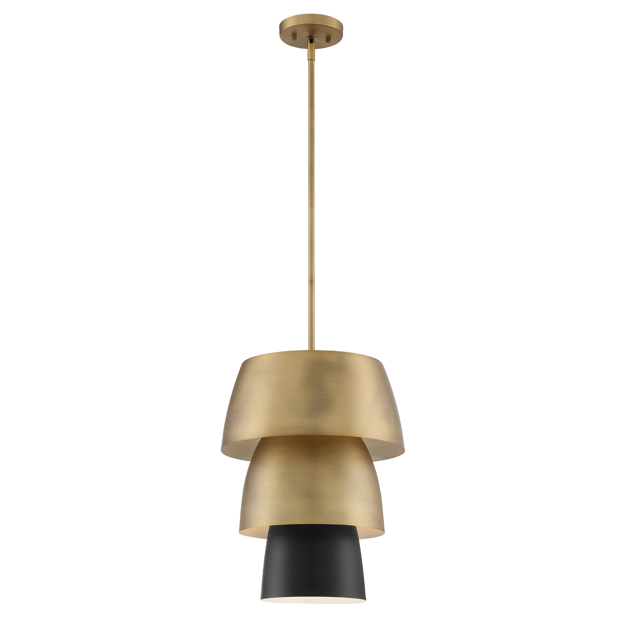 Gold pendant light with black shade on a white background