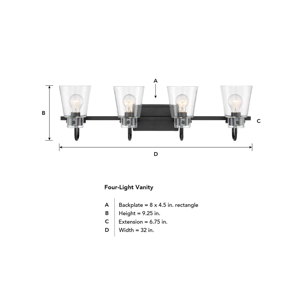 Inwood 32 in. 4-Light Matte Black Modern Vanity Light with Clear Glass Shades for Bathrooms