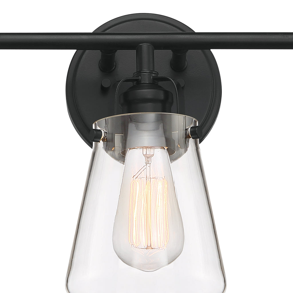 Elliott 24 in. 3-Light Matte Black Industrial Vanity Light with Clear Glass Shades for Bathrooms