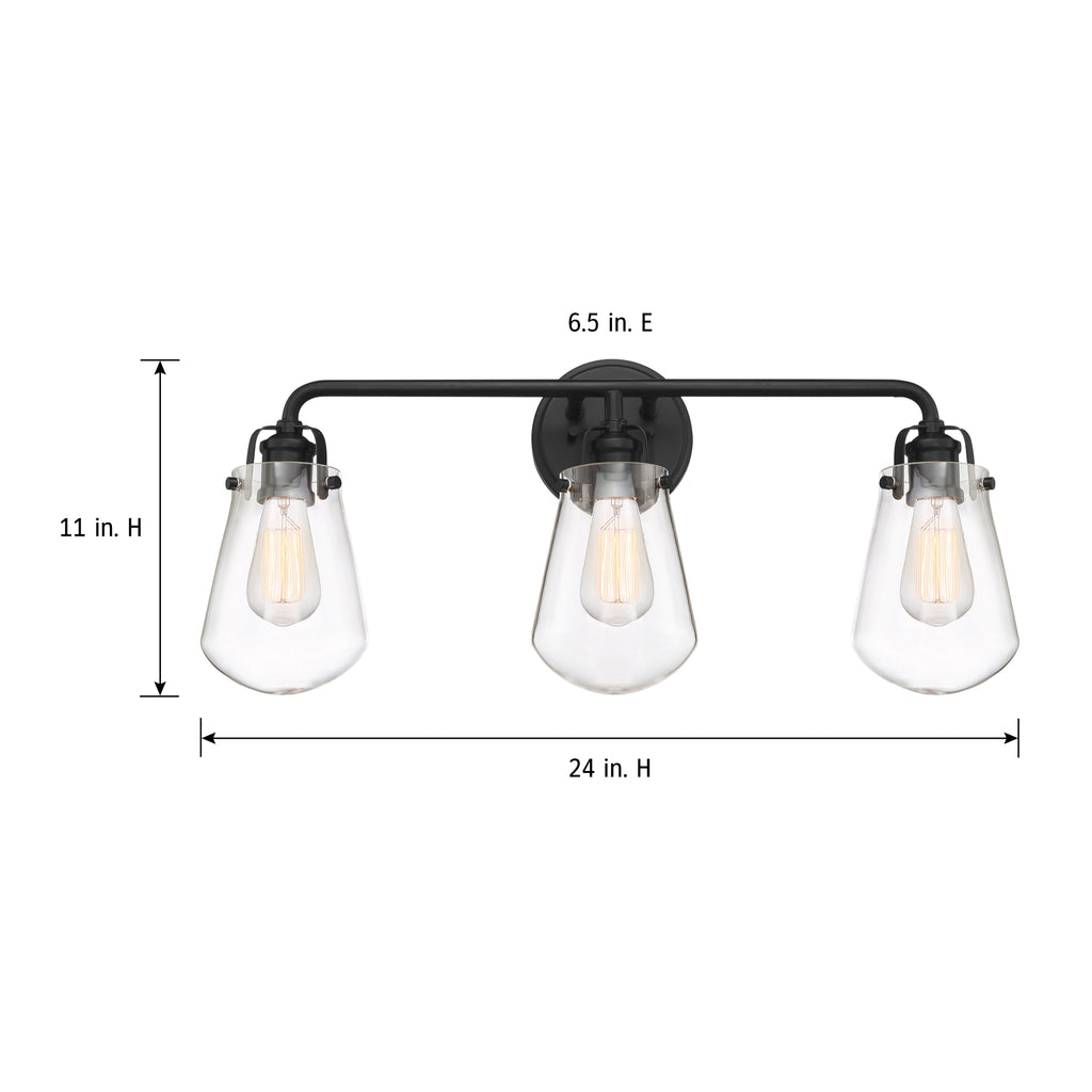 Elliott 24 in. 3-Light Matte Black Industrial Vanity Light with Clear Glass Shades for Bathrooms