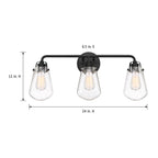 Elliott 24 in. 3-Light Matte Black Industrial Vanity Light with Clear Glass Shades for Bathrooms