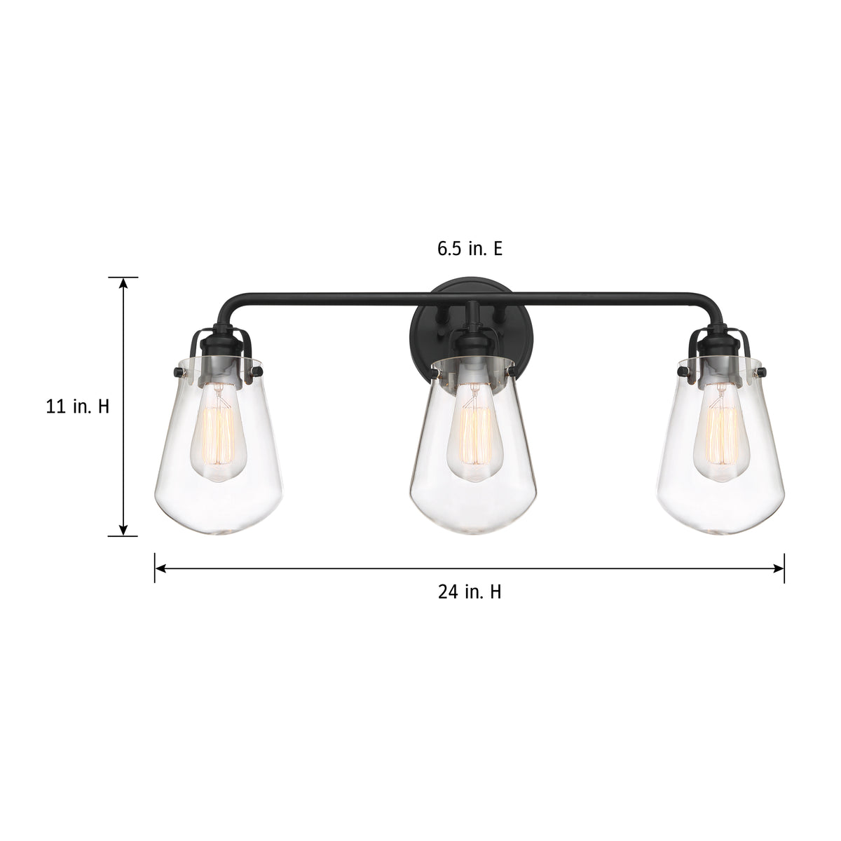 Elliott 24 in. 3-Light Matte Black Industrial Vanity Light with Clear Glass Shades for Bathrooms