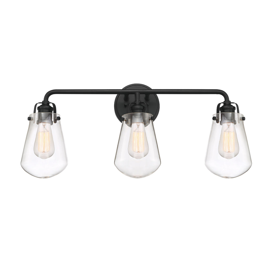 Elliott 24 in. 3-Light Matte Black Industrial Vanity Light with Clear Glass Shades for Bathrooms