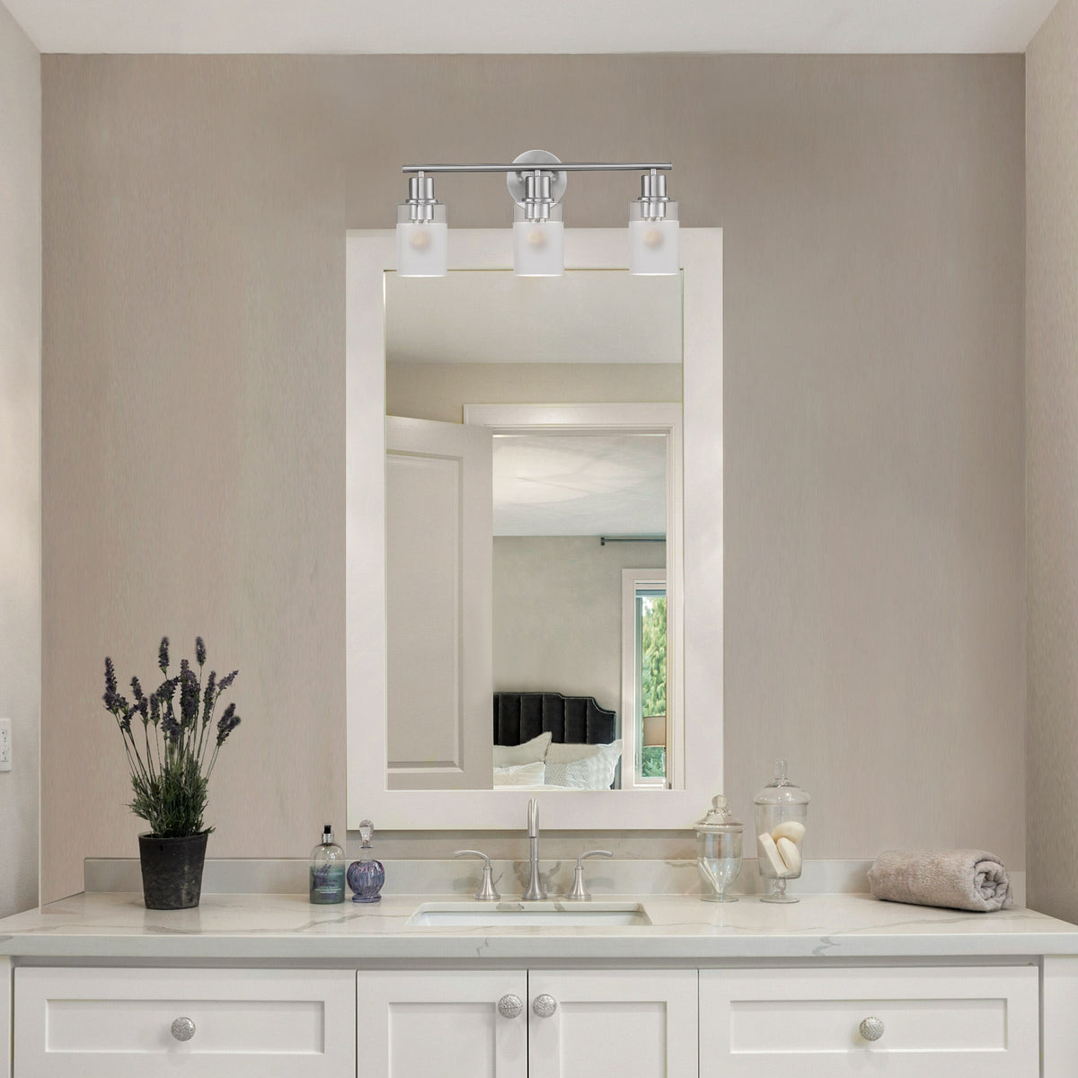 Cedar Lane 22 in. 3-Light Brushed Nickel Modern Vanity Light with Clear and Etched Glass Shades for Bathrooms