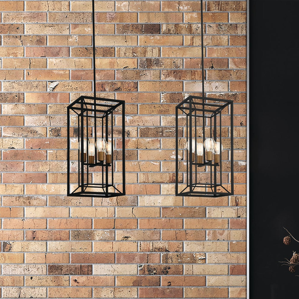 Dining area with brick wall, pendant lights, and red chairs.