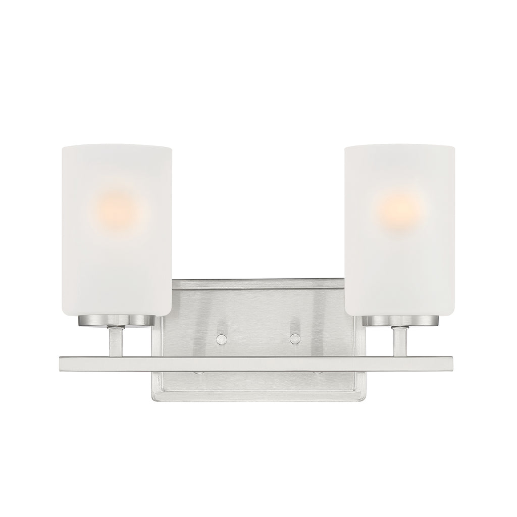 Carmine 14 in. 2-Light Brushed Nickel Transitional Vanity Light with Etched Glass Shades for Bathrooms