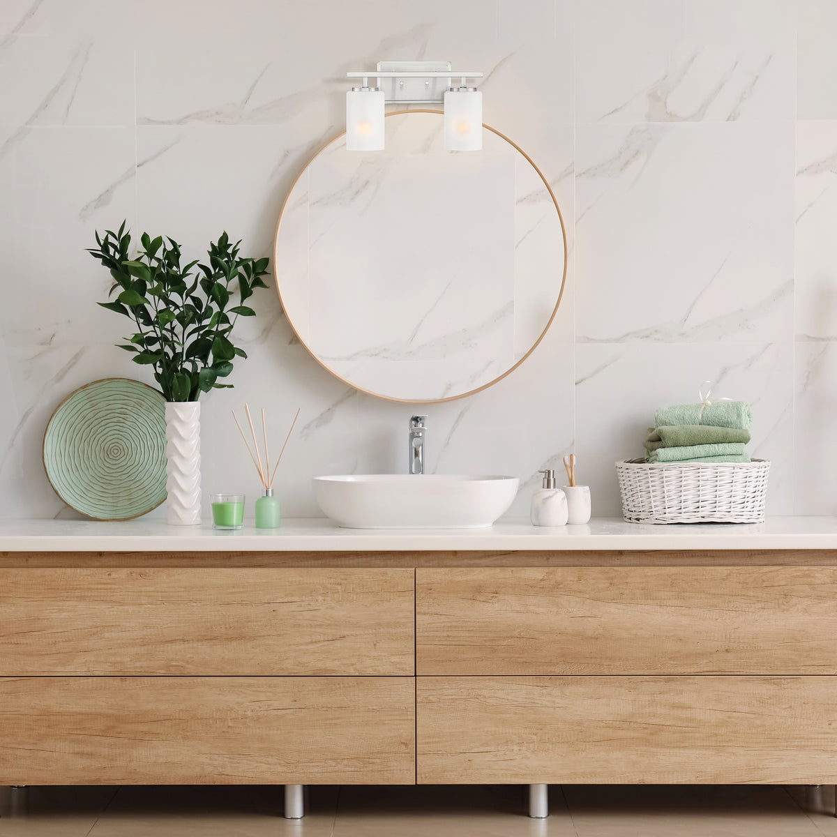 Carmine 14 in. 2-Light Brushed Nickel Transitional Vanity Light with Etched Glass Shades for Bathrooms
