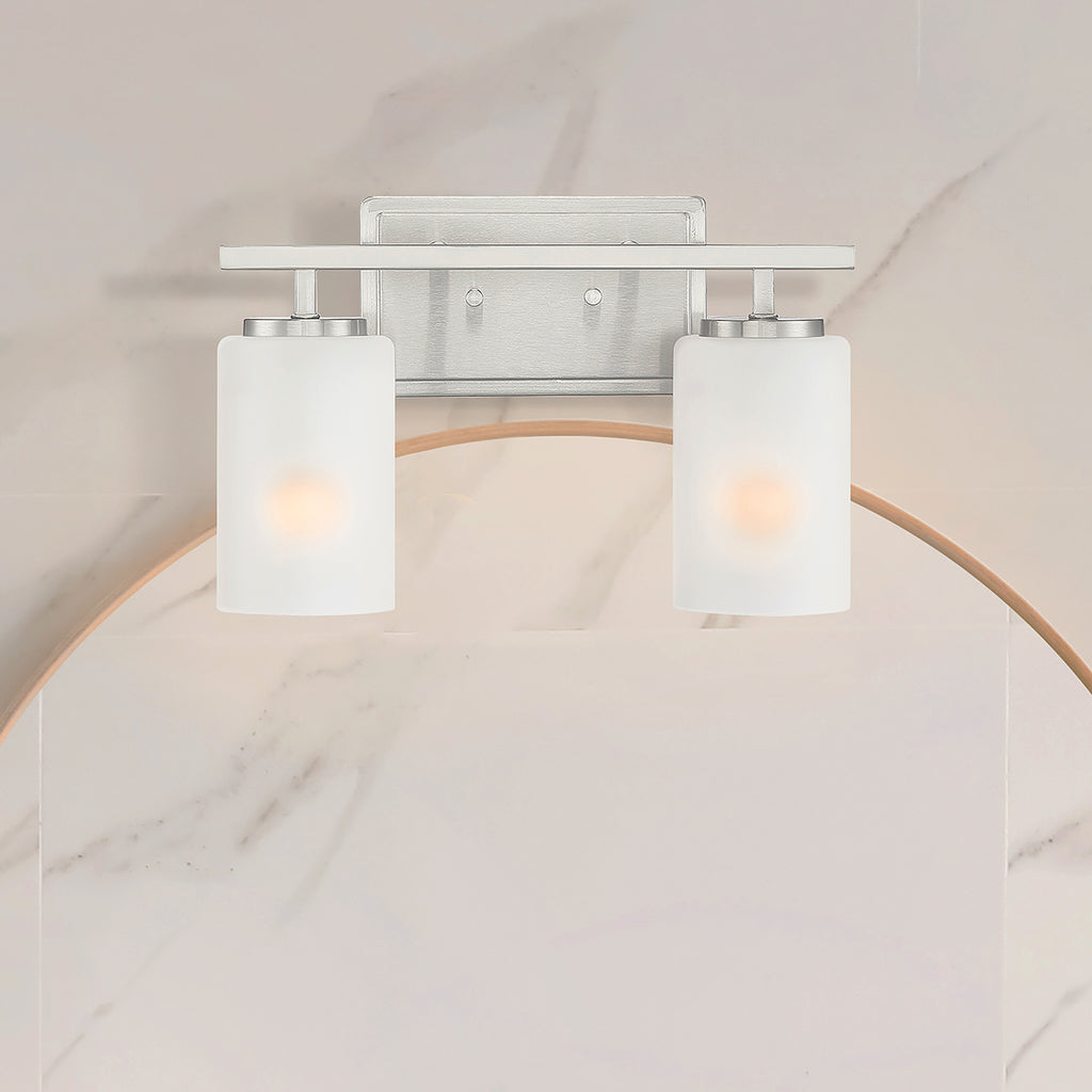 Carmine 14 in. 2-Light Brushed Nickel Transitional Vanity Light with Etched Glass Shades for Bathrooms