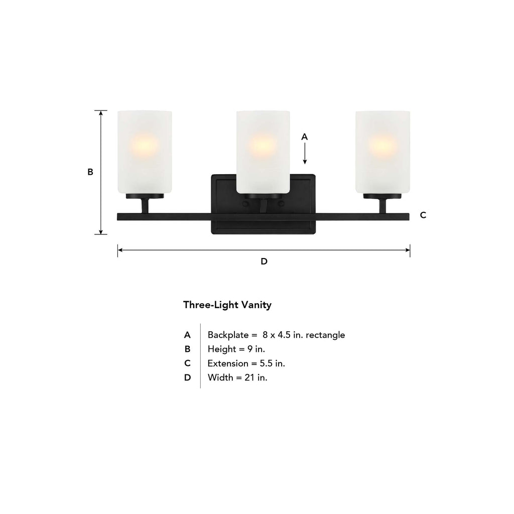 Carmine 21 in. 3-Light Matte Black Transitional Vanity Light with Etched Glass Shades for Bathrooms