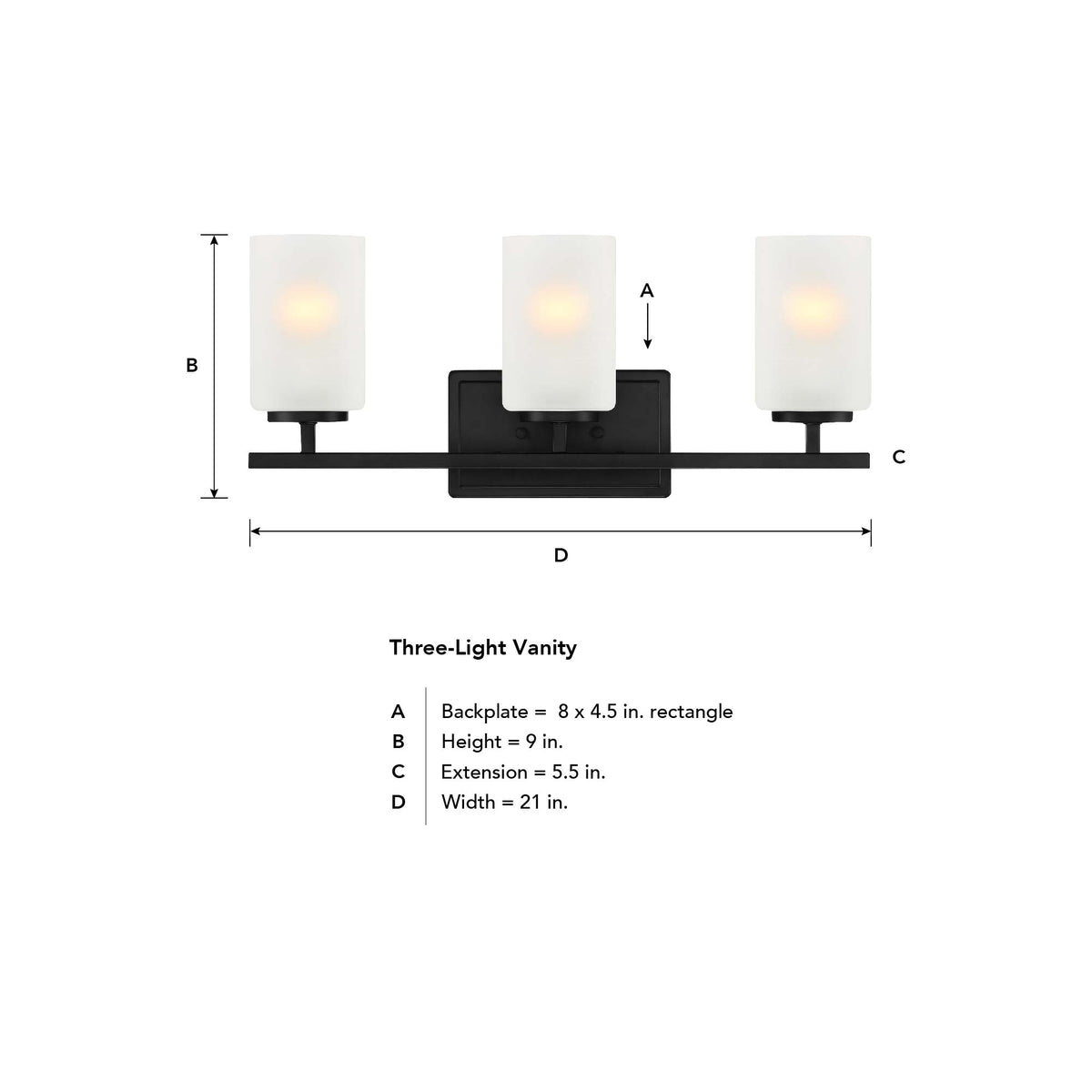 Carmine 21 in. 3-Light Matte Black Transitional Vanity Light with Etched Glass Shades for Bathrooms