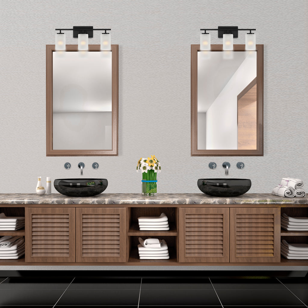 Carmine 21 in. 3-Light Matte Black Transitional Vanity Light with Etched Glass Shades for Bathrooms