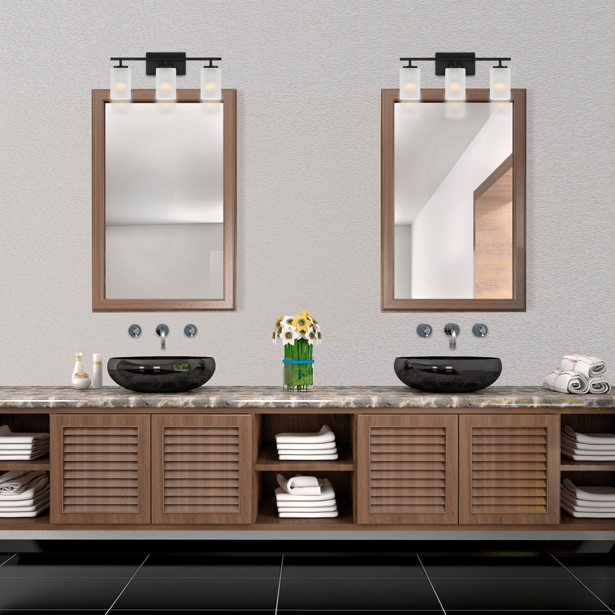 Carmine 21 in. 3-Light Matte Black Transitional Vanity Light with Etched Glass Shades for Bathrooms