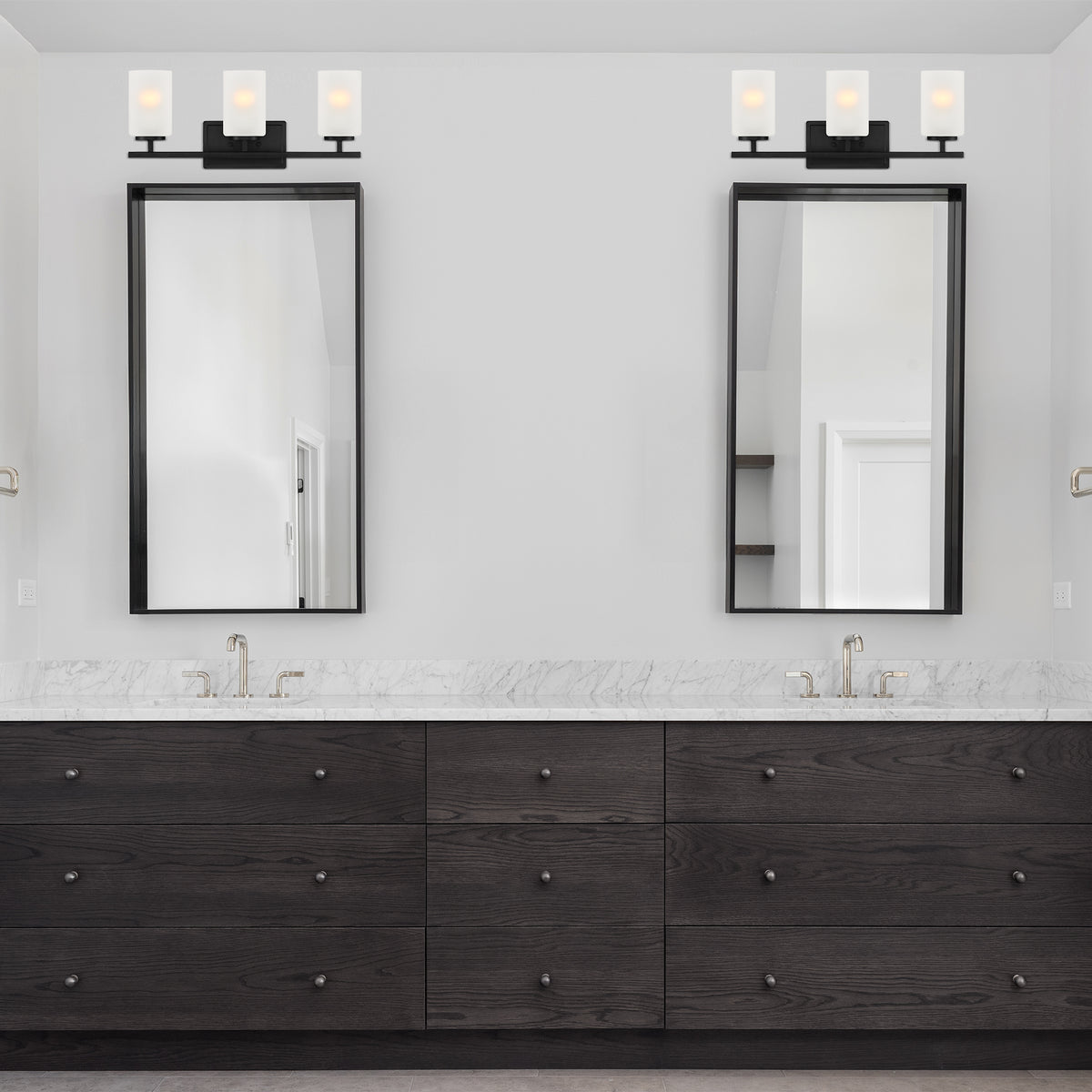 Carmine 21 in. 3-Light Matte Black Transitional Vanity Light with Etched Glass Shades for Bathrooms