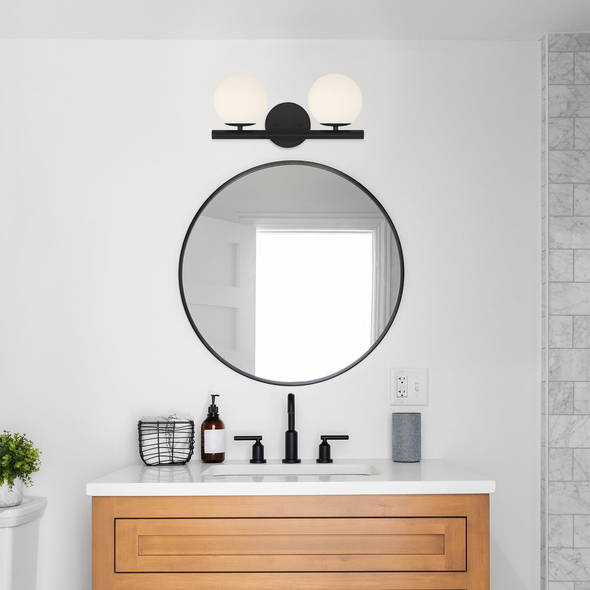 Crown Heights 16 in. 2-Light Matte Black Modern Vanity Light with Etched Opal Glass Shades for Bathrooms