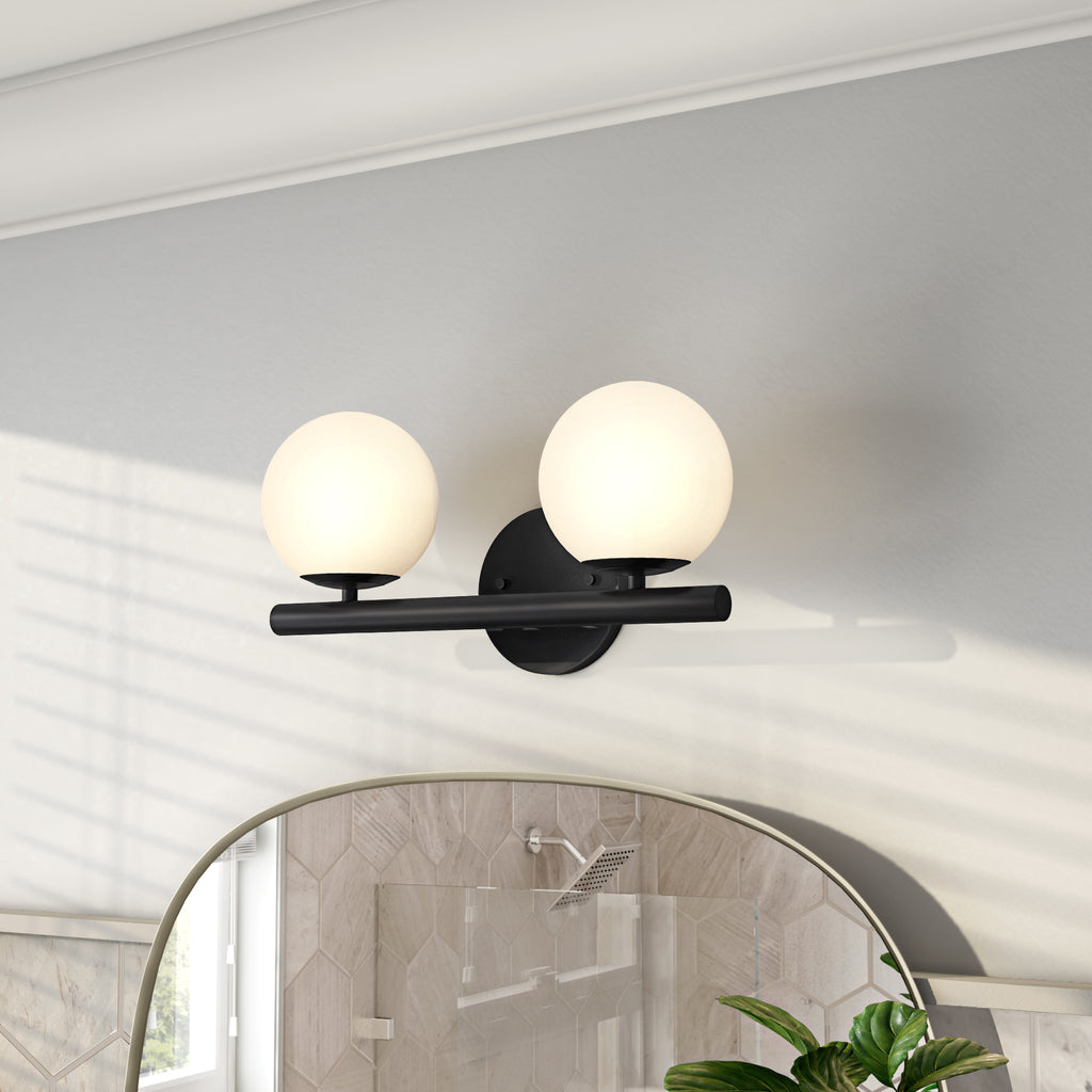 Crown Heights 16 in. 2-Light Matte Black Modern Vanity Light with Etched Opal Glass Shades for Bathrooms