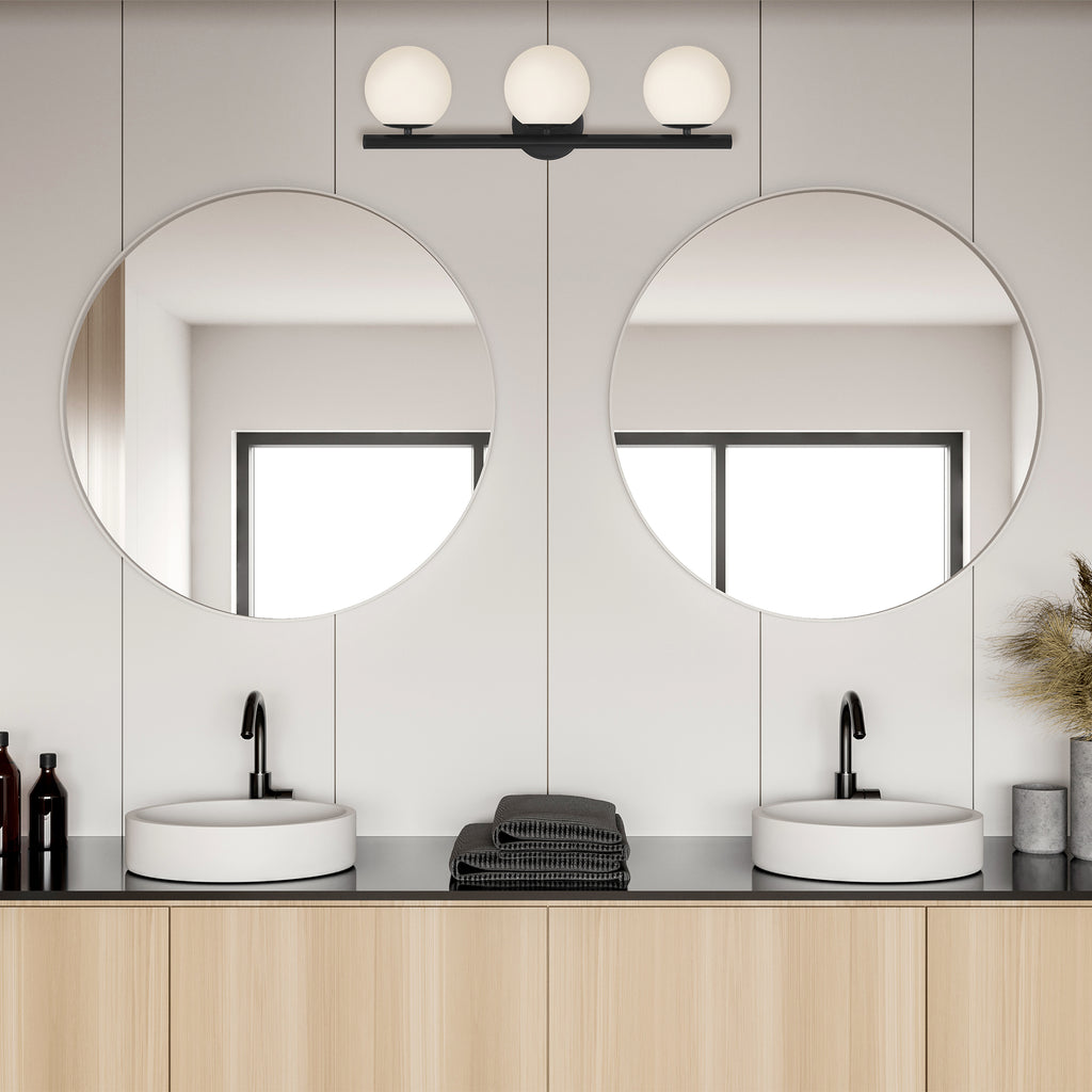 Crown Heights 25 in. 3-Light Matte Black Modern Vanity Light with Etched Opal Glass Shades for Bathrooms