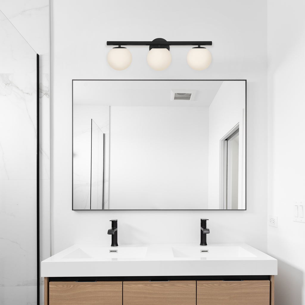 Crown Heights 25 in. 3-Light Matte Black Modern Vanity Light with Etched Opal Glass Shades for Bathrooms