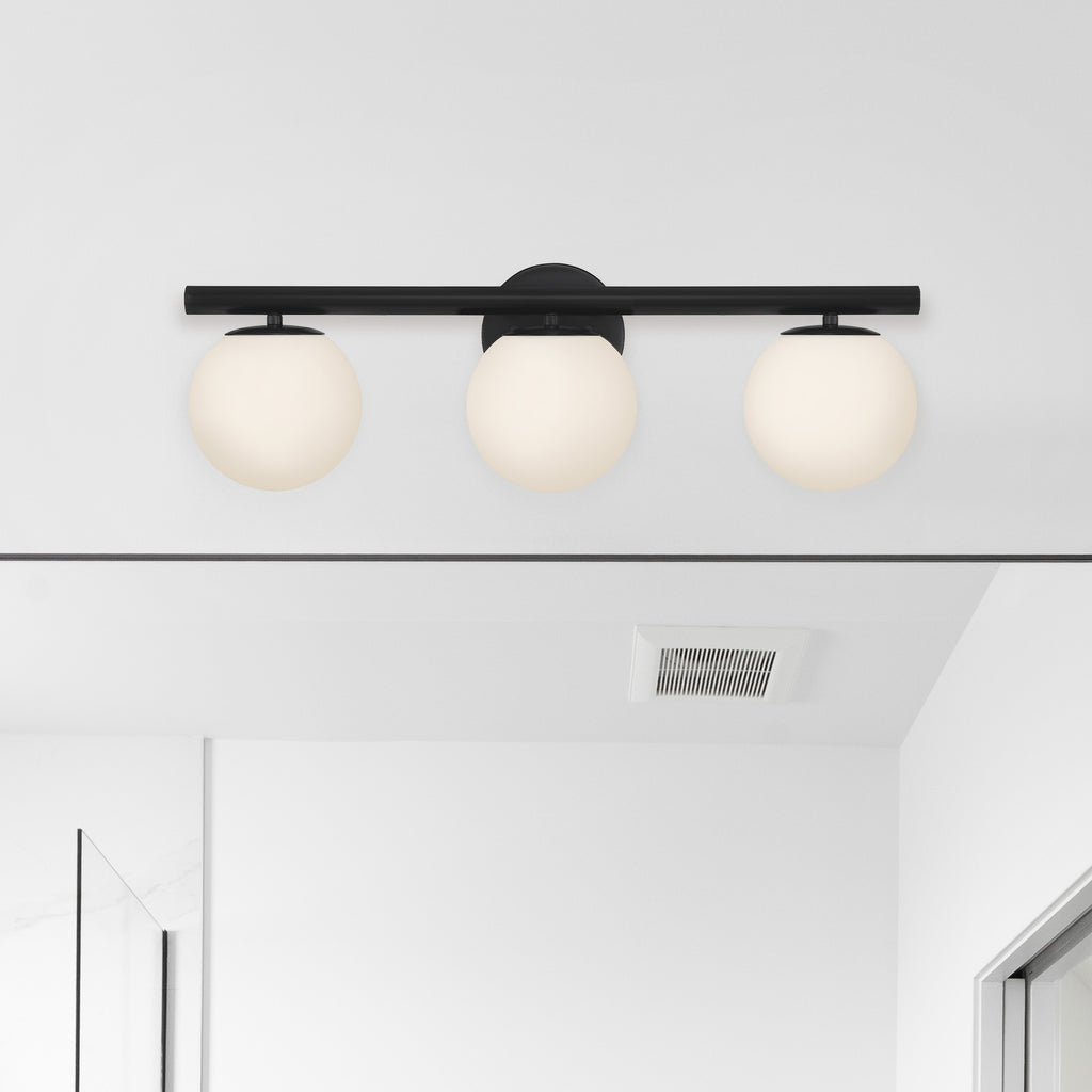 Crown Heights 25 in. 3-Light Matte Black Modern Vanity Light with Etched Opal Glass Shades for Bathrooms