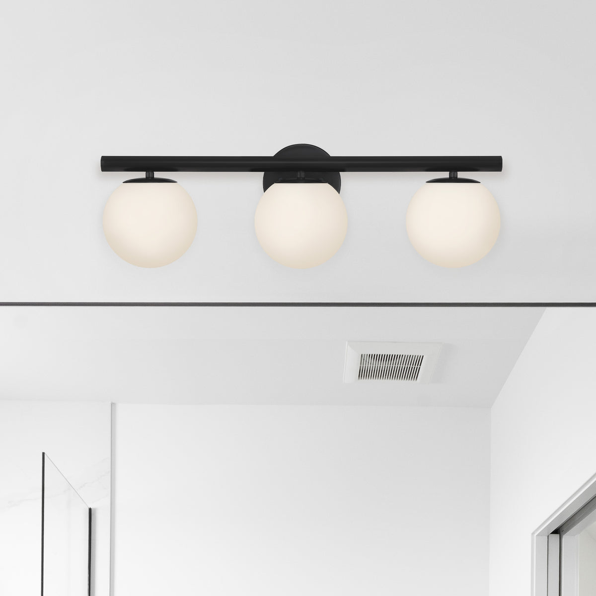 Crown Heights 25 in. 3-Light Matte Black Modern Vanity Light with Etched Opal Glass Shades for Bathrooms